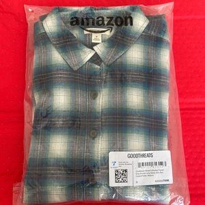 Goodthreads women’s brushed flannel drop-shoulder long sleeve shirt, blue.medium